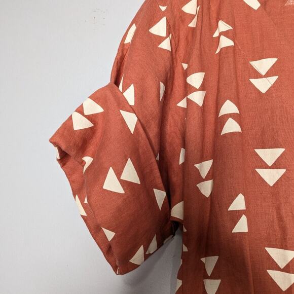 Lisa Bayne Orange V-Neck Short Sleeve Linen Dress Triangle Print Cuffed Sleeve M - Picture 9 of 10